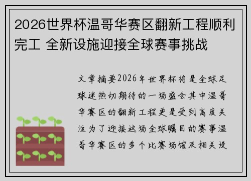 2026世界杯温哥华赛区翻新工程顺利完工 全新设施迎接全球赛事挑战 2026世界杯温哥华赛区翻新工程顺利完工 全新设施迎接全球赛事挑战