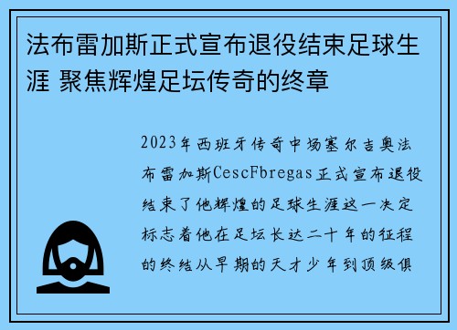 法布雷加斯正式宣布退役结束足球生涯 聚焦辉煌足坛传奇的终章 法布雷加斯正式宣布退役结束足球生涯 聚焦辉煌足坛传奇的终章